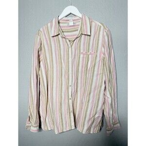 Chadwick's Button Up Top Women 16 Pink Brown Striped Long Sleeve 100% Linen